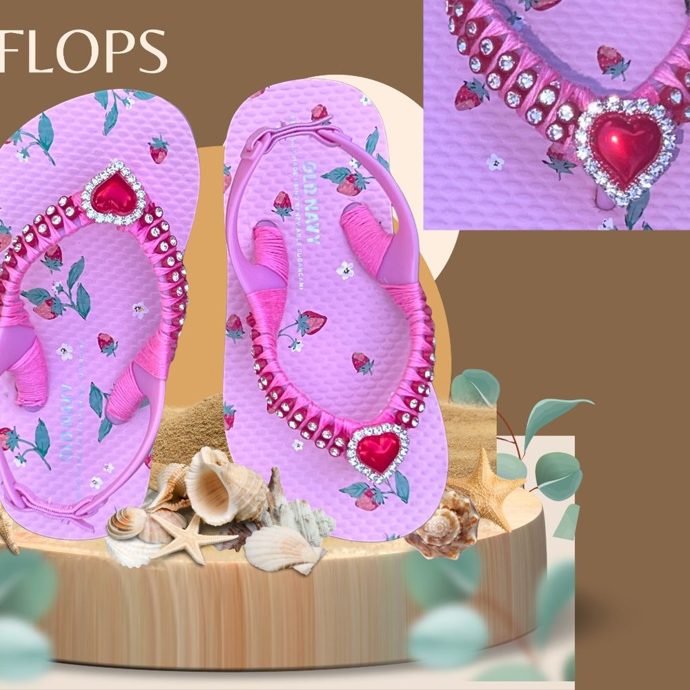 Strawberry Short Cake Children Flip Flops, Size 7, Birthday Shoes, Beach Sandals